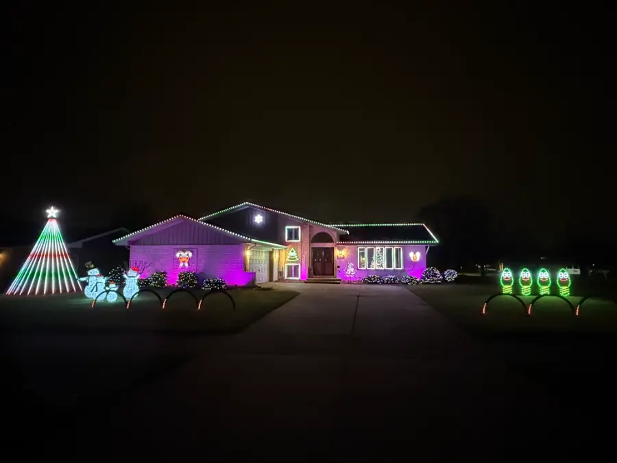 The whole yard from across the street, the house washed in purple.